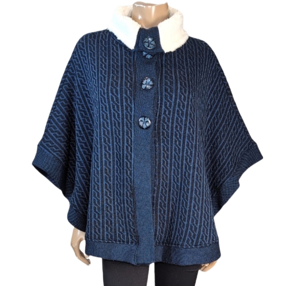 Vintage Libra Blue Cloak Womens One Size Winter Coat Sherpa Fleece Lined Cape